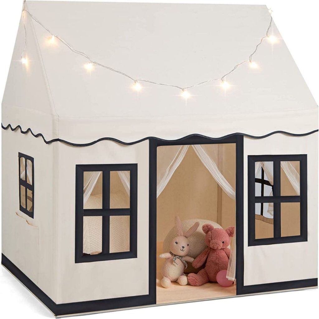 Dětský hrací stan ve tvaru domečku se světelným řetězem